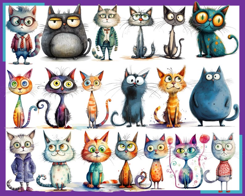 Op de afbeelding: Een verzameling van 20 cartoonkatten met verschillende uitdrukkingen en kleuren. De katten zijn getekend in een grillige stijl met overdreven kenmerken.