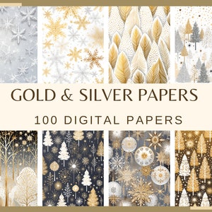 CHRISTMAS Gold and Silver Diigital Papers - 100 papieren (het is niet herhaalbaar patroon, 300 dpi, kerst, winterbundel, postkaartontwerp)