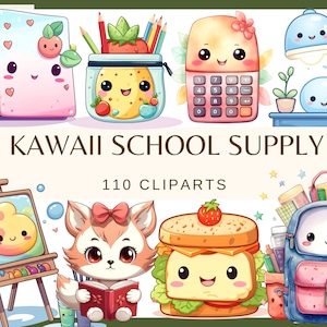 MATERIAL ESCOLAR KAWAII - 110 imágenes prediseñadas en acuarela (Png, 300 dpi, ilustraciones para cuadernos, bolígrafo, resaltador, gráficos didácticos)