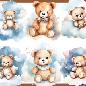 May include: Six watercolor illustrations of brown teddy bears sitting on clouds. The bears are wearing different accessories, such as a bow tie, a scarf, and a heart-shaped balloon.