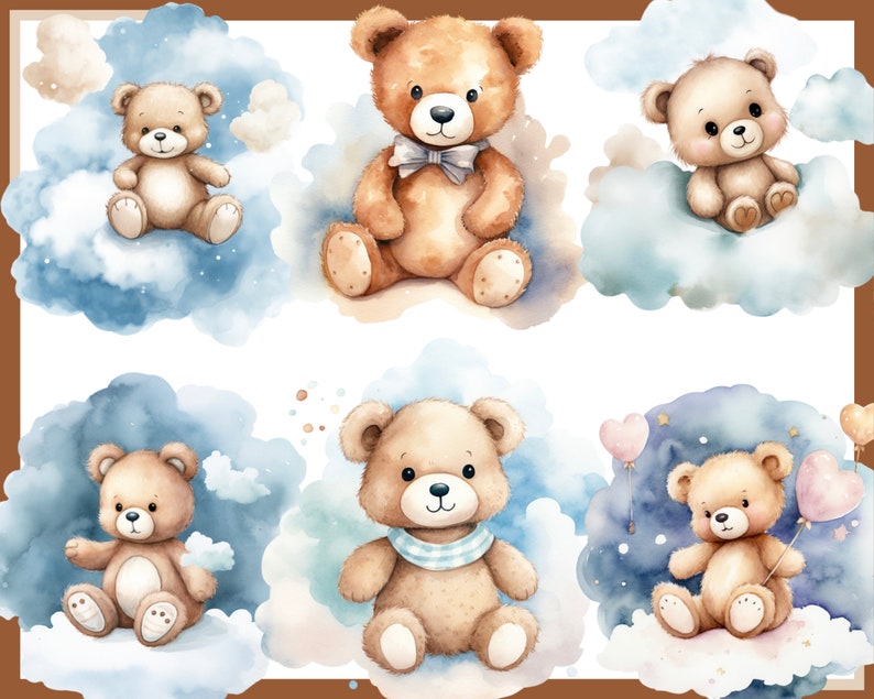 May include: Six watercolor illustrations of brown teddy bears sitting on clouds. The bears are wearing different accessories, such as a bow tie, a scarf, and a heart-shaped balloon.