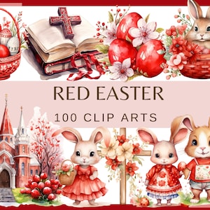 RED EASTER - 100 watercolor clip arts (Transparent background, 300 dpi spring Easter Digital Paper, Spring Holiday, png commercial use))