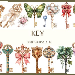 Può includere: Illustrazione ad acquerello di chiavi decorative. Le chiavi presentano disegni ornati, tra cui una farfalla, fiori e corone. L'immagine include il testo "KEY" e "110 CLIPARTS".