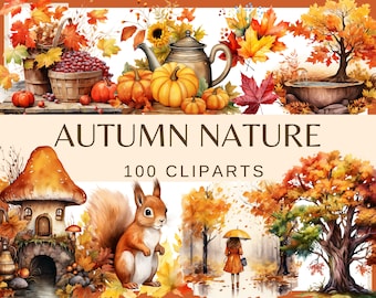 May include: A collection of 100 autumn-themed clipart images. The images include a squirrel, a mushroom house, a teapot, pumpkins, autumn leaves, and a woman walking in the rain.