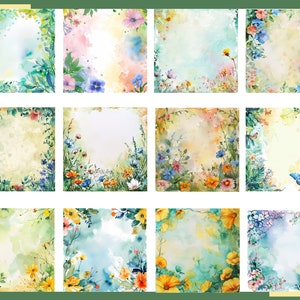 May include: Twelve watercolor floral frames with a white background. Each frame has a different arrangement of flowers and leaves in shades of blue, yellow, pink, and green.