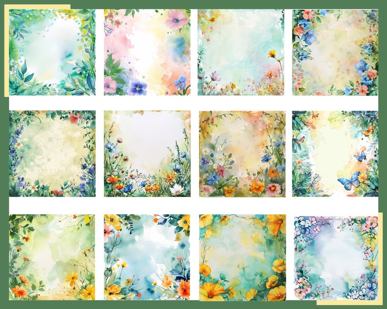 May include: Twelve watercolor floral frames with a white background. Each frame has a different arrangement of flowers and leaves in shades of blue, yellow, pink, and green.