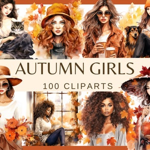 RAGAZZE D'AUTUNNO - 100 clip art (300 dpi, uso commerciale, ragazza con caffè, ragazza afroamericana, ragazza asiatica, ragazza sulla finestra, diario spazzatura, png)