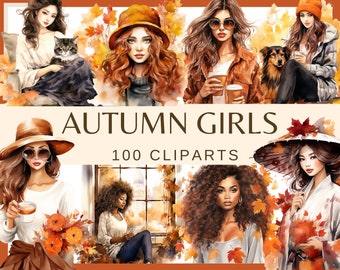 AUTOMNE FILLES - 100 images clipart (300 dpi, usage commercial, fille avec du café, fille afro-américaine, fille asiatique, fille à la fenêtre, journal indésirable, png)