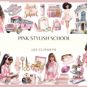 Pink Stylish School: 120 PNG, 300 DPI Back To School (Kommerzielle Nutzung)