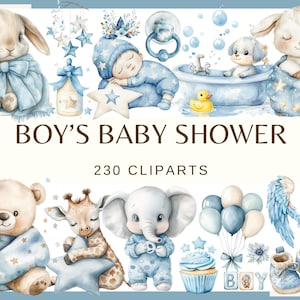 BOY'S BABY SHOWER - 230 watercolor cliparts (baby shower gifts 300 dpi baby clip art, baby png Baby shower for a boy, Nursery b-day Decor)