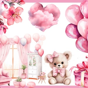 OURSON ROSE. Fête prénatale pour une fille, décoration de chambre d'enfant 100 cliparts aquarelles arrière-plan transparent, 300 dpi, clipart bébé, bébé png image 4