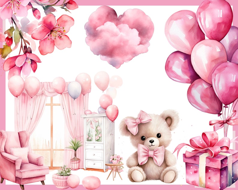 OURSON ROSE. Fête prénatale pour une fille, décoration de chambre d'enfant 100 cliparts aquarelles arrière-plan transparent, 300 dpi, clipart bébé, bébé png image 4