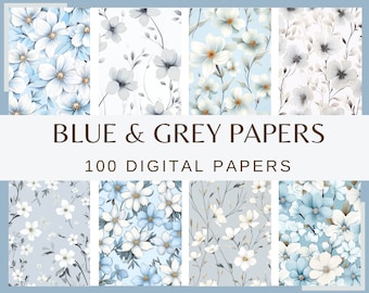 May include: A set of 100 digital papers featuring blue and gray floral patterns. The patterns are made up of white flowers with blue and gray accents. The papers are perfect for scrapbooking, card making, and other crafting projects.