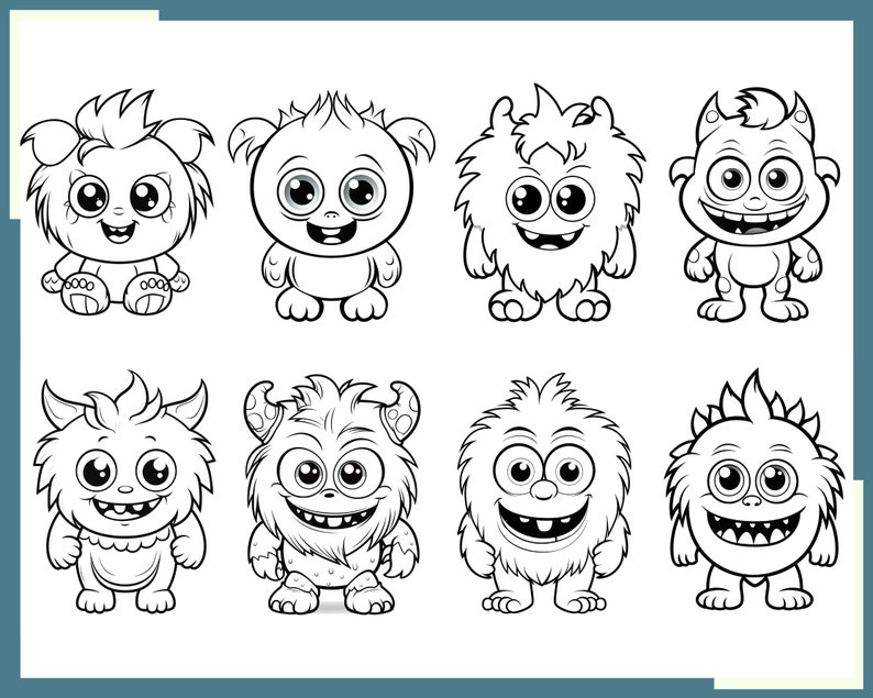 100 Kawaii Monsters Coloring Pages: Kid's Digital Paper (Digital Download) image 4