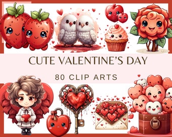 KAWAII VALENTINE'S DAY - 80 clip arts (300 dpi, Transparent background, angel, strawberry, bundle, digital, love, cute heart, rose, pigeon)