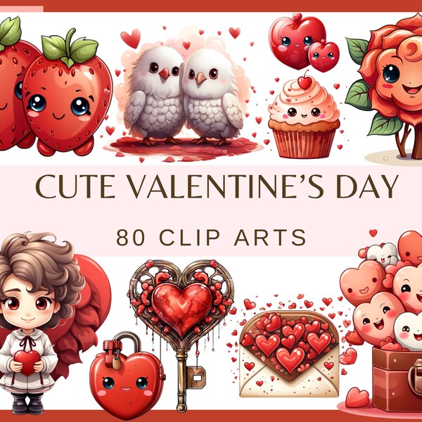 KAWAII VALENTINE'S DAY - 80 clip arts (300 dpi, Transparent background, angel, strawberry, bundle, digital, love, cute heart, rose, pigeon)