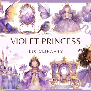 VIOLET PRINCESS - 110 clipartów (300 dpi, Zamek, Smok, Rycerz, Trener, Kwiat, Korona, Lustro, Motyl, Naszyjnik, Tiara Kucyk Jednorożec Gwiazda)