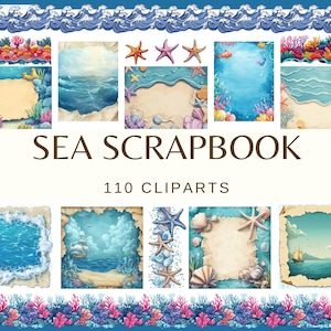 SEA SCRAPBOOK - 110 clip arts (300 dpi, png, commercial use, digital, sea life, seamless sea wave water pattern shell starfish coral)