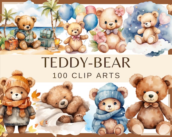 Teddy Bear Clip Art: 100 Watercolor PNG Images (Commercial Use)