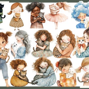 May include: Watercolor illustrations of girls with cats. Each girl is depicted holding or cuddling a cat. The cats have various colors and patterns, including black, orange, gray, and tabby. The girls are wearing different outfits and have various hairstyles.
