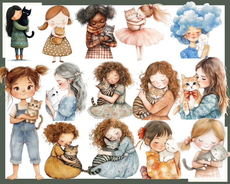 May include: Watercolor illustrations of girls with cats. Each girl is depicted holding or cuddling a cat. The cats have various colors and patterns, including black, orange, gray, and tabby. The girls are wearing different outfits and have various hairstyles.