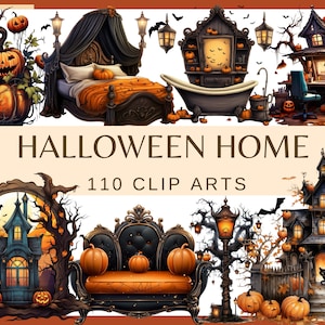 HALLOWEEN ZUHAUSE - 110 Clip-Arts (300 dpi, Badezimmer, Schlafzimmer, Küche, Fenster, Halloween-Pflanze, Laterne, Süßes oder Saures Clipart, Spukhaus)