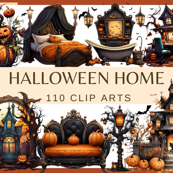 HALLOWEEN HOME - 110 clip arts (300 dpi, Bathroom, Bedroom, Kitchen, Window Halloween plant, Lantern, Trick or Treat clipart, Haunted House)