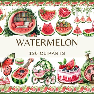 WATERMELON - 130 clip arts (300 dpi, fruit, watercolor, fantasy watermelon, bundle, digital, png, cake, house, cocktail ice cream butterfly)