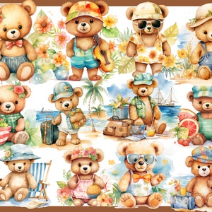 May include: A collection of ten watercolor illustrations of teddy bears in various summer vacation settings. The bears are wearing different outfits and accessories, such as sunglasses, hats, and swimsuits. Some bears are holding suitcases, while others are enjoying the beach or relaxing in a beach chair.