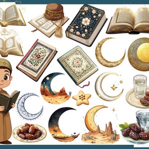 Pu&ograve; includere: Un'illustrazione con un ragazzo in abito e cappello marrone, che tiene in mano un libro. L'immagine include anche libri aperti, copertine decorative, lune crescenti, datteri e un bicchiere d'acqua, il tutto a tema religioso.
