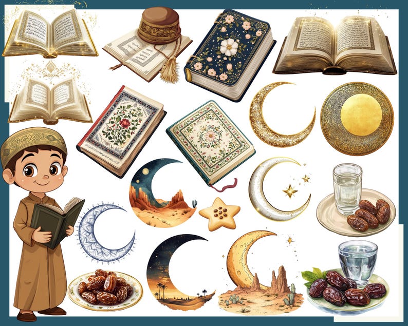 Pu&ograve; includere: Un'illustrazione con un ragazzo in abito e cappello marrone, che tiene in mano un libro. L'immagine include anche libri aperti, copertine decorative, lune crescenti, datteri e un bicchiere d'acqua, il tutto a tema religioso.
