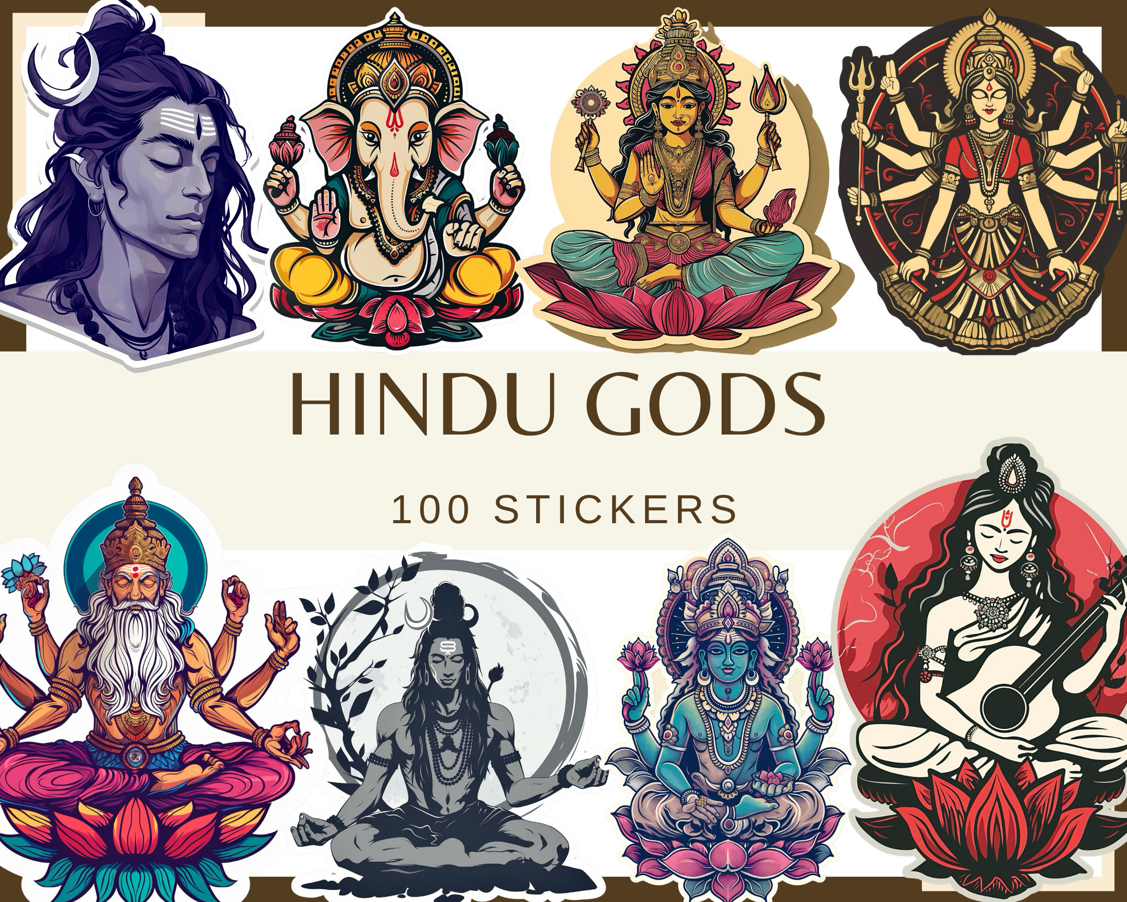 Hindu Gods Stickers: Shiva, Durga, Lakshmi, Vishnu, Ganesha (100 pc, Digital Download)