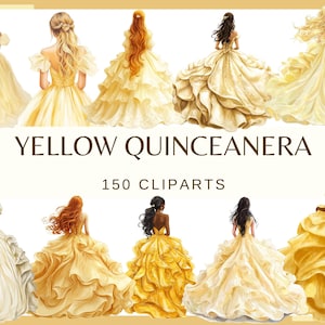 QUINCEANERA AMARILLA - 150 imágenes prediseñadas de acuarela (Elementos de invitación DIY para quince años, baile de celebración de quinceañera, vestido de princesa)