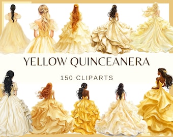 Clipart de Quinceañera Amarilla: Gráficos de Vestidos de Acuarela (150 archivos PNG)