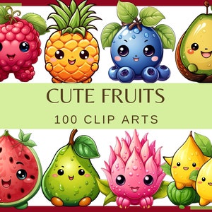 CUTE KAWAII FRUITS - 100 clip arts (300 dpi, fruit, Transparent background, bundle, digital, png, avocado, dragon fruit, carambola fruit)