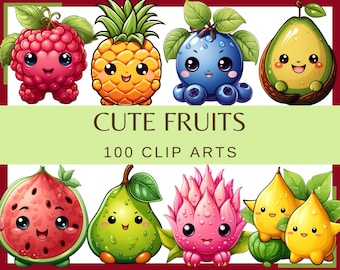 CUTE KAWAII FRUITS - 100 clip arts (300 dpi, fruit, Transparent background, bundle, digital, png, avocado, dragon fruit, carambola fruit)