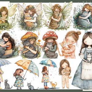 May include: Watercolor illustrations of girls with cats, fairies, and mushroom hats. The images feature soft colors, including greens, blues, and oranges. Some girls hold umbrellas, while others are hugging cats. The overall theme is whimsical and gentle.