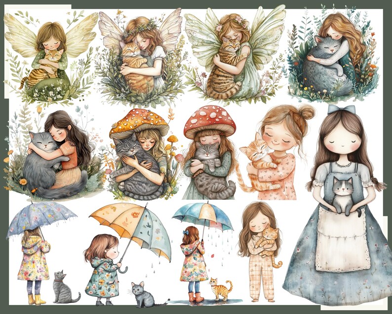May include: Watercolor illustrations of girls with cats, fairies, and mushroom hats. The images feature soft colors, including greens, blues, and oranges. Some girls hold umbrellas, while others are hugging cats. The overall theme is whimsical and gentle.