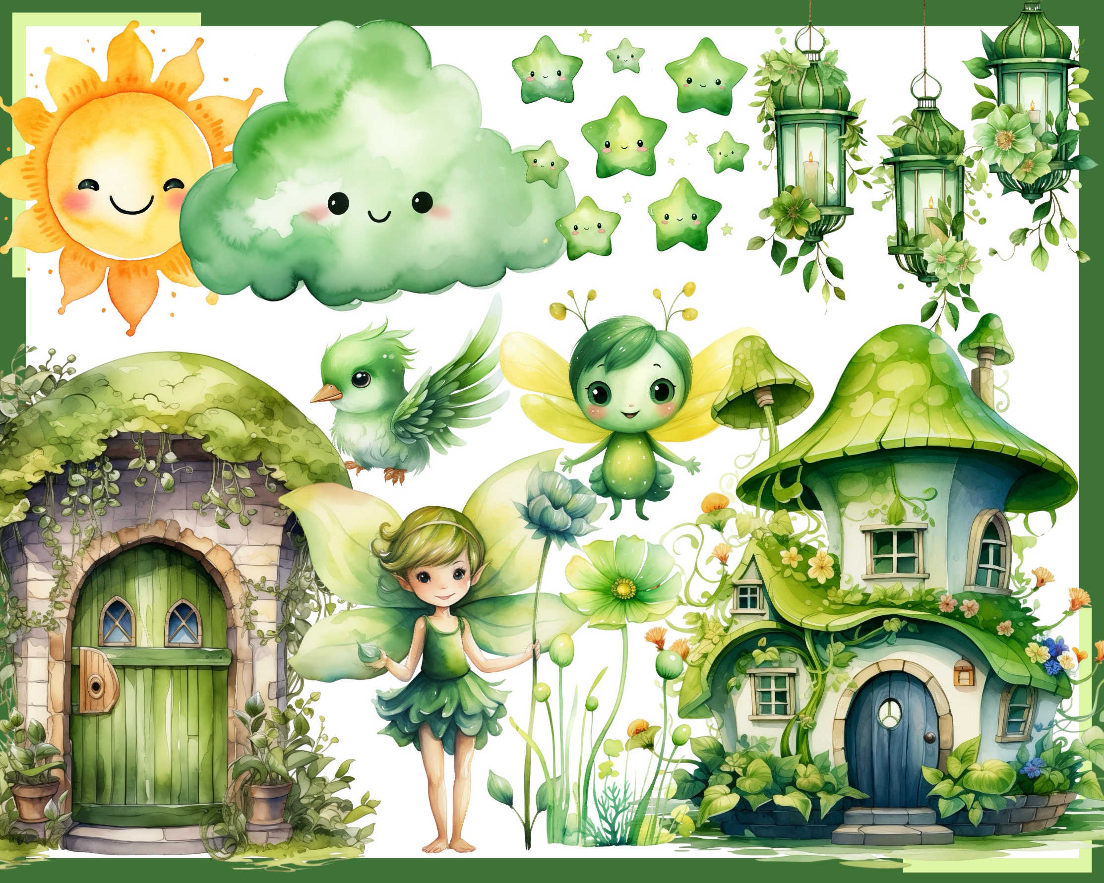 Green Fairy Garden Watercolor Clipart: 100 PNG Nursery Decor (digital ...