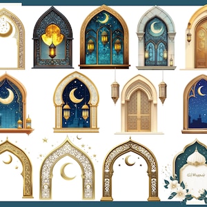 Pu&ograve; includere: Una collezione di finestre e porte ad arco illustrate digitalmente, con lune crescenti, stelle e lanterne. La tavolozza dei colori comprende oro, blu e bianco, con intricati dettagli architettonici. Alcuni disegni hanno uno sfondo di cielo notturno.