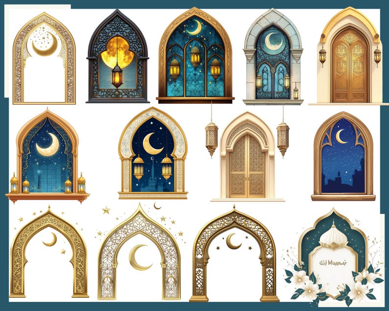 Pu&ograve; includere: Una collezione di finestre e porte ad arco illustrate digitalmente, con lune crescenti, stelle e lanterne. La tavolozza dei colori comprende oro, blu e bianco, con intricati dettagli architettonici. Alcuni disegni hanno uno sfondo di cielo notturno.