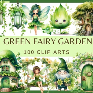 GREEN FAIRY GARDEN - 100 cliparts aquarelles (arrière-plan transparent, 300 dpi décoration de chambre d'enfant png elfe gnome étoile de lanterne de porte de maison fantastique)