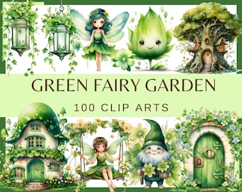 GREEN FAIRY GARDEN - 100 cliparts aquarelles (arrière-plan transparent, 300 dpi décoration de chambre d'enfant png elfe gnome étoile de lanterne de porte de maison fantastique)