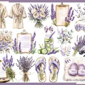 May include: Watercolor illustration of spa and relaxation items. Includes a robe, bouquets of flowers, a clipboard, lavender, a sleep mask, a bow, a jar of cucumber water, flip-flops, and fuzzy slippers. The color palette is soft and calming, with shades of purple, white, and green.