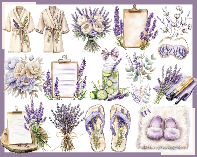 May include: Watercolor illustration of spa and relaxation items. Includes a robe, bouquets of flowers, a clipboard, lavender, a sleep mask, a bow, a jar of cucumber water, flip-flops, and fuzzy slippers. The color palette is soft and calming, with shades of purple, white, and green.