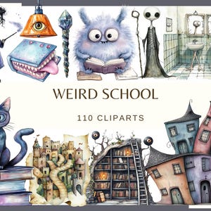 May include: Watercolor illustrations of whimsical characters and objects, including a cat, monster, and buildings. The text "WEIRD SCHOOL" and "110 CLIPARTS" are also present. The artwork has a fantasy theme.
