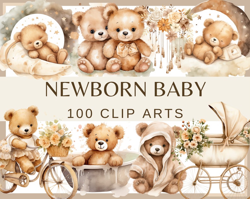 Ours en peluche beige 100 cliparts, baby shower pour nouveau-nés, décoration de chambre d'enfant, bébé garçon, petite fille, ours en peluche beige image 1