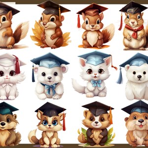 May include: A collection of cartoon animals, including squirrels, a cat, a bear, a fox, and a beaver, all wearing graduation caps with tassels. The animals are in various colors, with detailed fur and expressive eyes, set against a white background.
