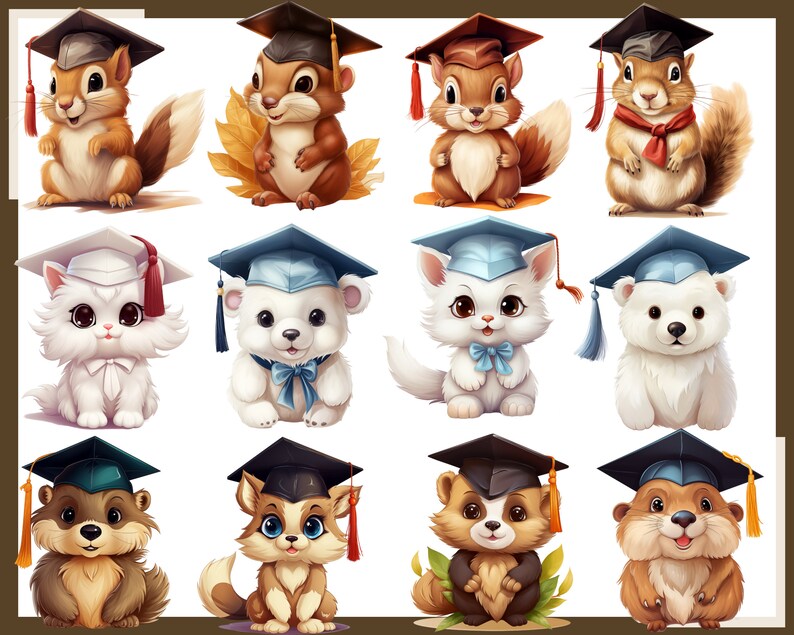May include: A collection of cartoon animals, including squirrels, a cat, a bear, a fox, and a beaver, all wearing graduation caps with tassels. The animals are in various colors, with detailed fur and expressive eyes, set against a white background.