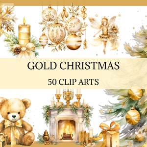 NATALE D'ORO - 50 clip art (300 dpi, png, decorazioni, Natale, sfondo trasparente, uso commerciale, bundle, digitale)